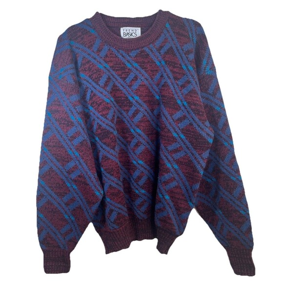 Trend Basics Vintage 90s Maroon Blue Plaid Diamond Pattern Knit Sweater Jumper - Picture 9 of 16